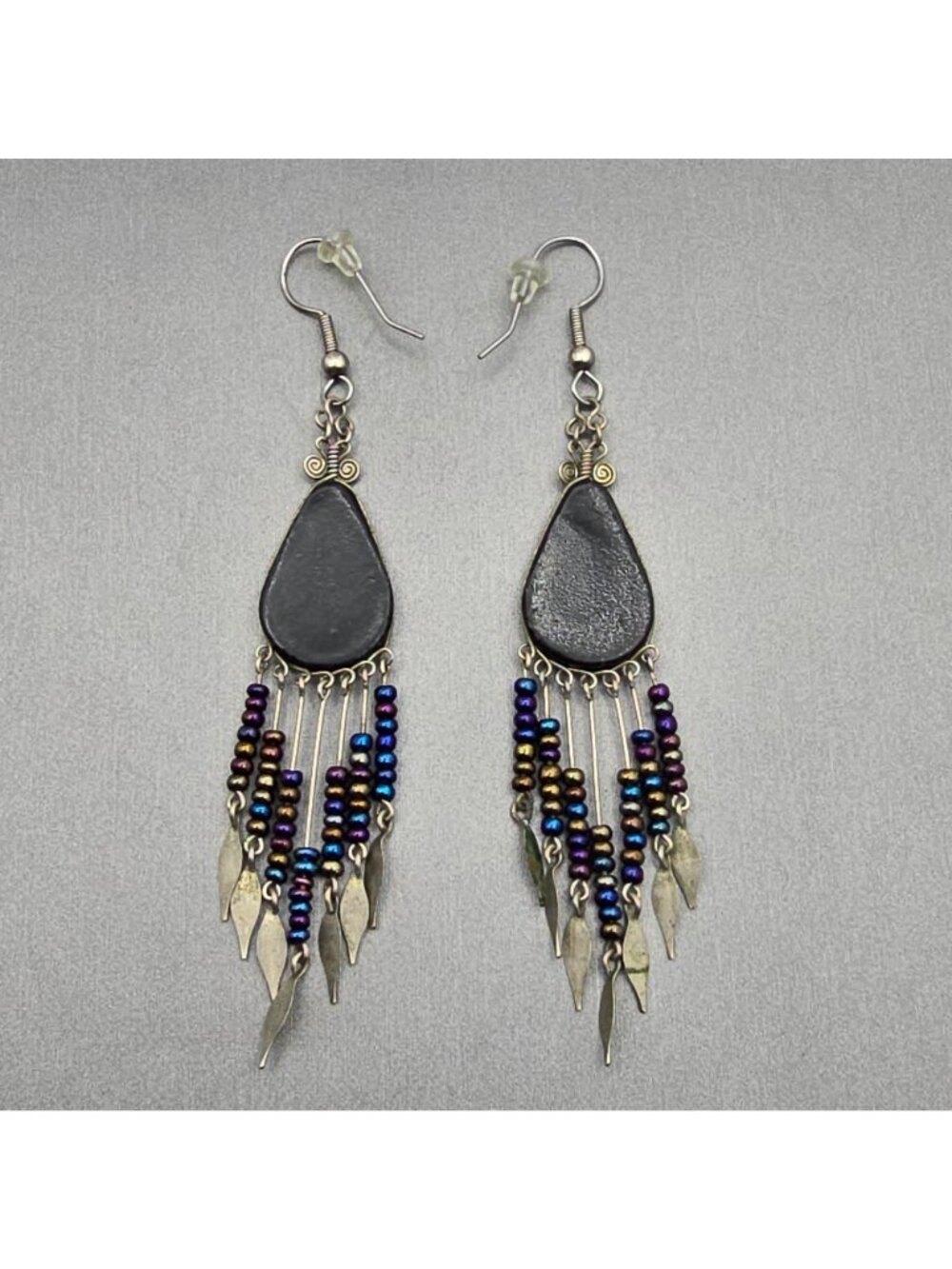 VTG Southwestern Dangle Earrings 3.75" Purple Beaded Fringe Aztec Boho Tribal - Picture 6 of 10